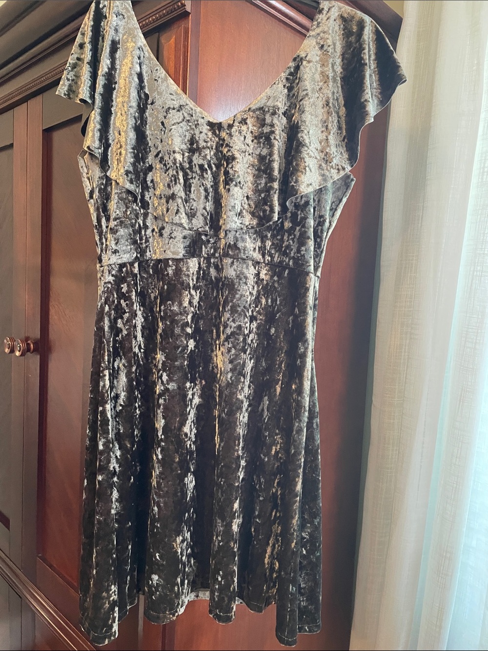 Women's Velvet Ruffle Fit & Flare Dress in Olive